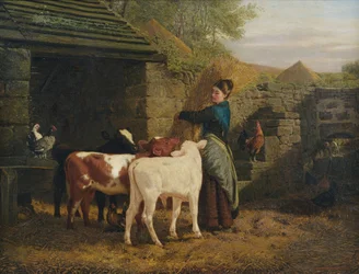 Campesina con tres terneros